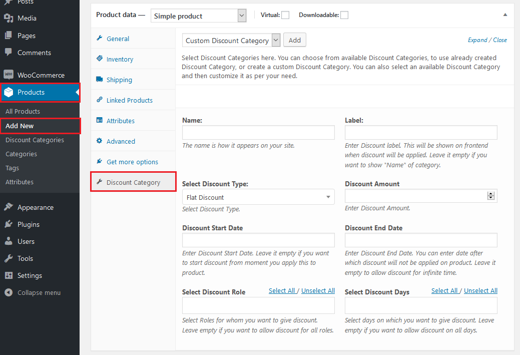 WooCommerce Category Discount - Product add/edit page