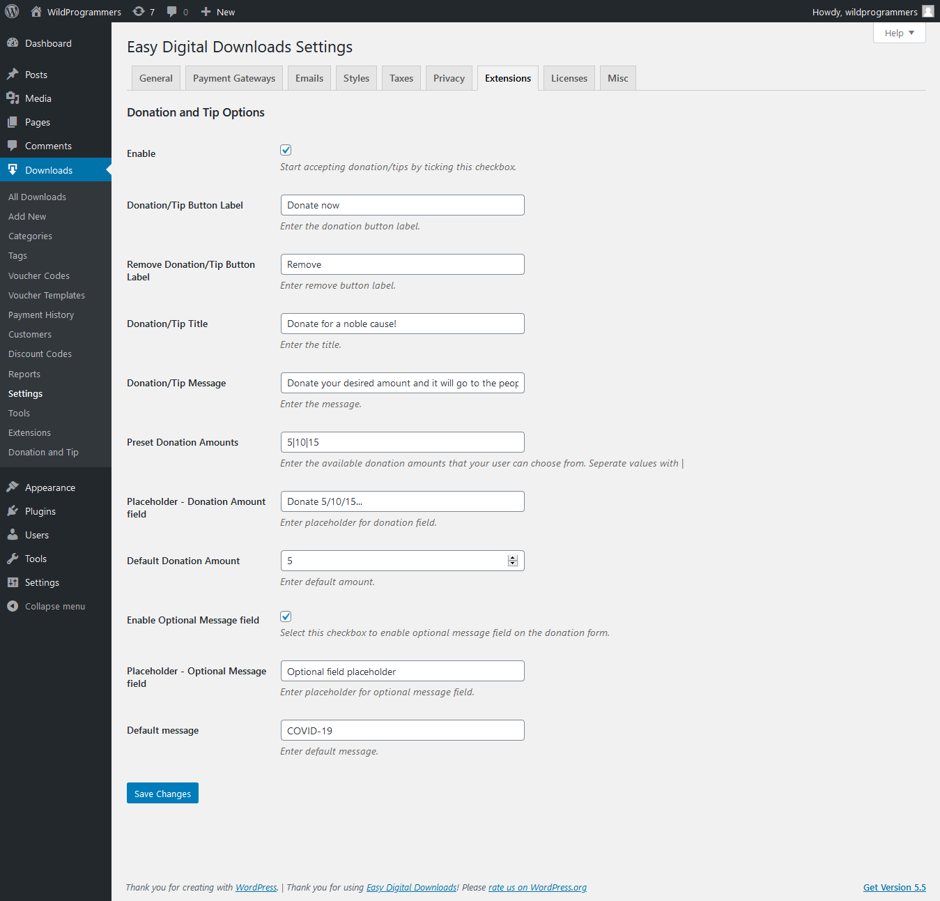 EDD Donation & Tip - settings page