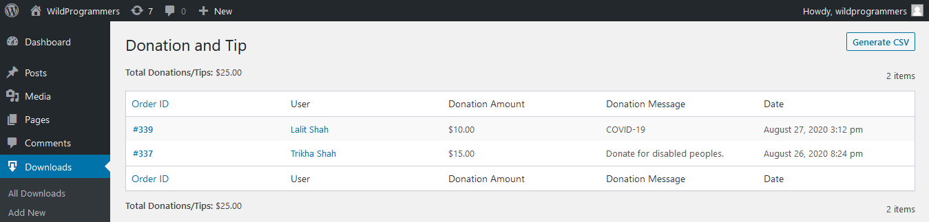 EDD Donation & Tip - Report Page