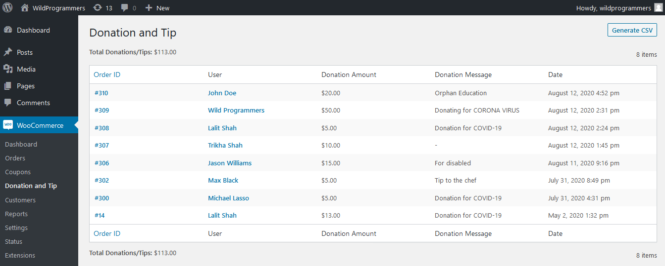 WooCommerce Donation and Tip - Reports page
