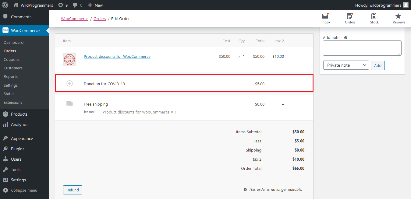 WooCommerce Donation & Tip - Order Edit page